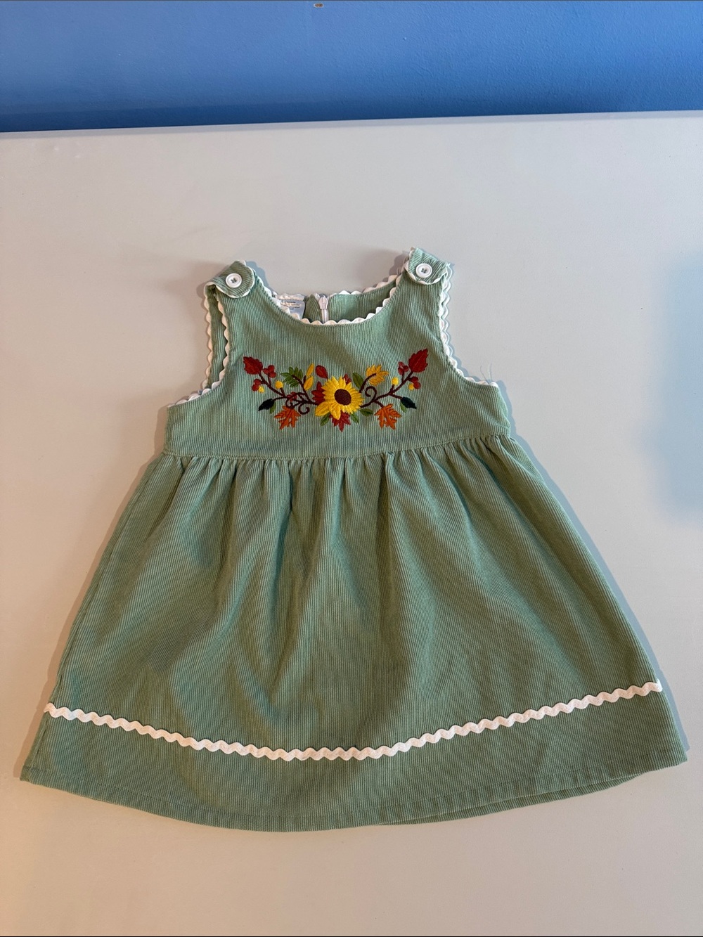 Cracker Barrel Girls Sage Green Embroidered Fall Flowers Corduroy Dress 2T EUC